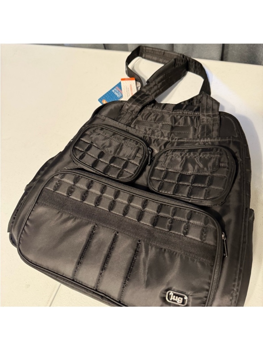 lug Black Quilted Nylon Laptop Tote with Multiple Front Pockets